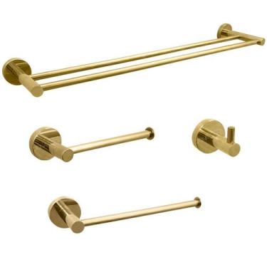 Imagem de Kit De Banheiro Dourado Inox Acessório Lavabo Porta Toalha Duplo Papel