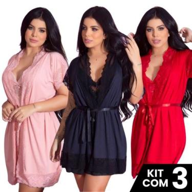 Imagem de Kit 3 Robes Feminino Noiva Sexy Renda Luxo Roupão Banho Kimono Roupa d