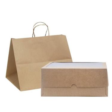 Imagem de Kit Embalagem para Torta - Caixa com visor 25x25x10 + Sacola de Papel 