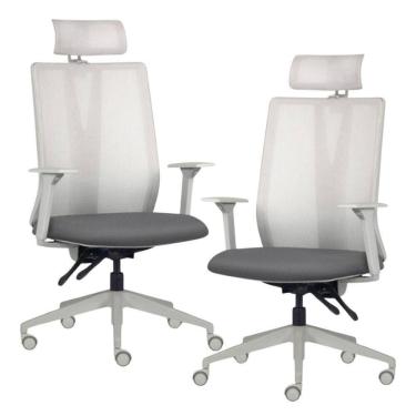 Imagem de Kit 2 Cadeiras Escritório Giratória Presidente Flow F02 Base Cinza Crepe Grafite - Lyam Decor