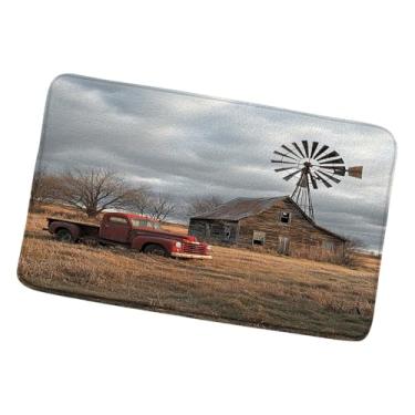 Imagem de ZZYSKS Tapete de banheiro vintage caminhão vermelho rústico celeiro de madeira americano velho carro antigo fazenda moinho de vento paisagem natural ocidental tapetes de banheiro quarto cozinha vaso