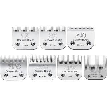 Imagem de 7 peças de lâminas de tosa para cães, compatíveis com máquinas de tosa Andis/Wahl/Oster, lâmina destacável de cerâmica e aço inoxidável, tamanho: #3FC+4FC+5FC+7FC+10+30+40