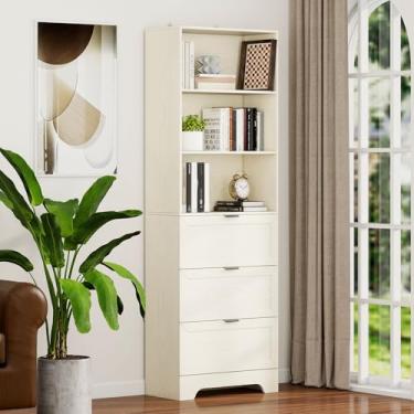 Imagem de FTZxHKLX Prateleira de livros de 6 camadas com gavetas, estante branca com organizadores e armazenamento, estante alta com armário para quarto, sala de estar, escritório