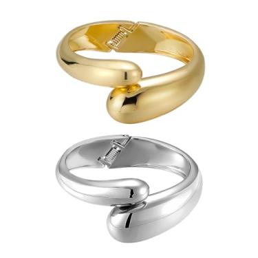 Imagem de Emibele Pulseira de punho, pulseira aberta banhada a ouro 18 K, conjunto de pulseiras grossas articuladas em gota para mulheres, presente de joias não manchadas, pacote com 2, Metal, Sem Pedra