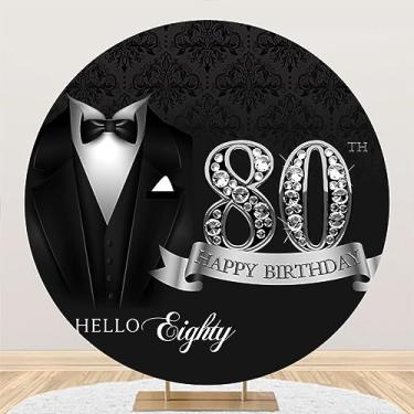 Imagem de DORCEV 2,2 x 2,2 m Capa de fundo redonda para festa de aniversário de 80 anos, preto, prata, círculo, cavalheiros, vovô, olá, oitenta smoking cenários de aniversário, adereços de retrato de fundo para