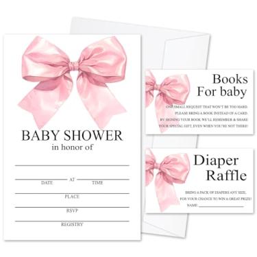Imagem de Conjunto de convites de chá de bebê Pink Bow para meninas, 25 conjuntos de convites de preenchimento com envelopes sorteio de fraldas e cartões de pedido de livro para anúncio de bebê, suprimentos de