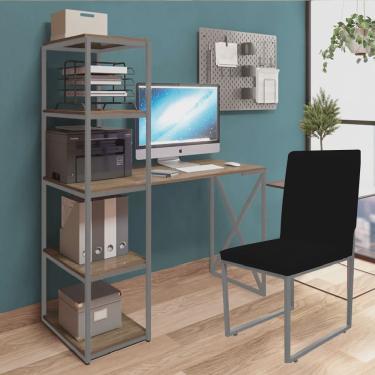 Imagem de Kit Escritório Mesa Max BeX 5 Prateleiras e Cadeira Stan Cinza Tampo Caramelo Suede Cinza - Ahz Móveis