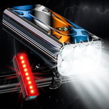 Imagem de Luz de bicicleta super brilhante de 6 LEDs para passeios noturnos, 6000 mAh, luz de bicicleta recarregável de alumínio, tempo de funcionamento 48 horas ou mais, 10 modos à prova d'água farol de