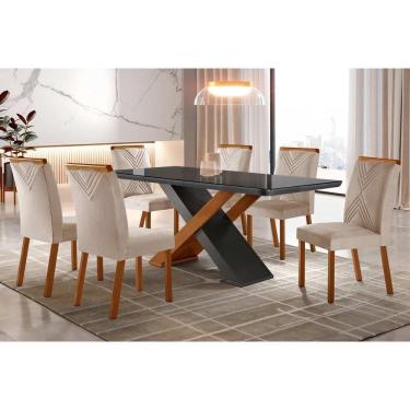 Imagem de Sala De Jantar Completa Imperatriz Tampo Madeirado c- Vidro Curvo 180x90 E 6 Cadeiras Amsterdã Imbuia-veludo Creme-pérola - Rufato