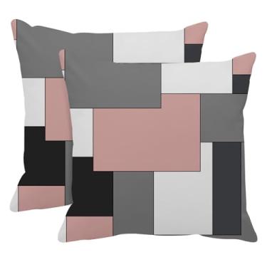 Imagem de Emvency Conjunto de 2 capas de travesseiro geométrico rosa preto cinza branco pintura abstrata xadrez design decorativo decoração de casa moderna padrão quadrado 45,7 x 45,7 cm fronha de almofada
