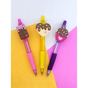 Imagem de Kit com 03 Canetas Esferográficas com aplique Doces cup cake brigadeiro papelaria material escolar caneta azul lembranci