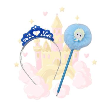 Imagem de Kit Princesa tiara de coroa e lápis pompom Princesas papelaria presente lembrancinha pascoa