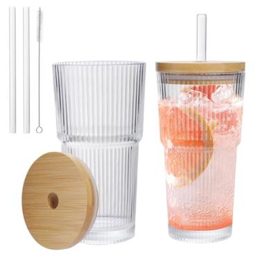 Imagem de Conjunto de copos de vidro com nervuras de 590 ml com tampas e canudos de bambu, 2 peças de xícaras de café gelado vintage para bebidas, suco, cerveja, uísque – Vidro grosso com escova de limpeza