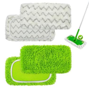 Imagem de Almofadas de esfregão compatíveis com esfregão Swiffer Sweeper (verde e cinza, pacote com 4 almofadas elásticas para vassoura (2 verdes e 2 cinzas))