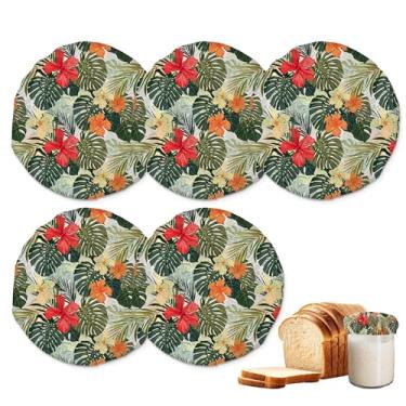 Imagem de Capas de pote para iniciantes Sourdough, pacote com 5 tampas de pano reutilizáveis de plantas tropicais e flores de hibisco para potes de 7 a 10 cm, ideal para kefir de kombucha ou fermentação de