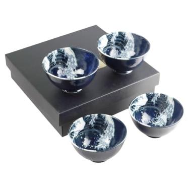 Imagem de Hinomaru Collection Minoware Cerâmica Japonesa Ramen Noodle Donburi multiuso Tayo Bowl Hokusai Great Wave Off Kanagawa Navy Blue Restaurant Grade (conjunto de tigela de arroz de 4 peças)