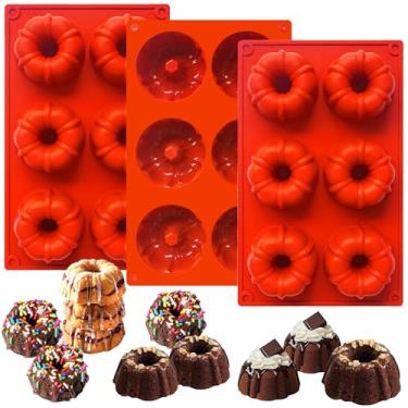 Imagem de 3 formas de bolo mini bundt para assar, formas de silicone com tubo canelado, 6 cavidades, mini formas antiaderentes para fazer cupcake, pão de milho, brownie, donuts, geleia (vermelho (B))