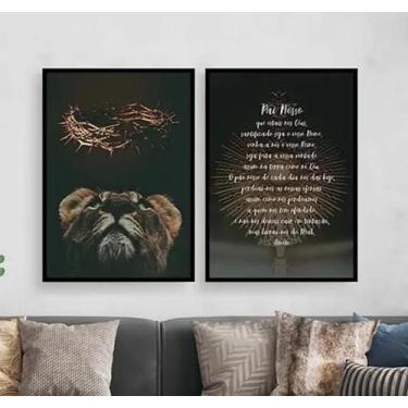 Imagem de Kit 2 Quadros Oração Pai Nosso Leão 24X18Cm Com Vidro Preta - Quadros 