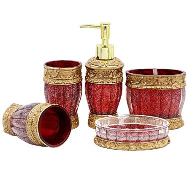 Imagem de Acessórios de banheiro vermelho vintage, conjunto de acessórios de banheiro de 5 peças, conjunto de banheiro, dispensador de sabonete, suporte de escova de dentes, copo e sabonete – dourado brilhante – conjunto de presente de banho