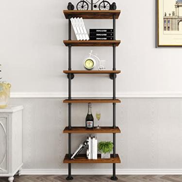 Imagem de HOMEKAYT Industrial Pipe Shelf Rustic Wood Wall Shelf Ladder Bookshelf Wall Mounted Storage Decor Shelf for Home, Office, Living Room(6-Tier)-Black