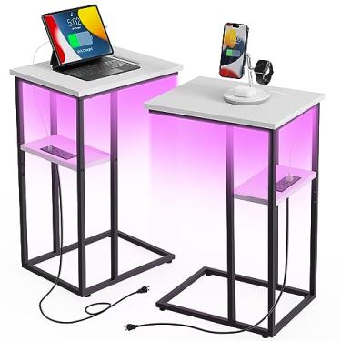 Imagem de Innerjoin Mesa lateral com conjunto de 2 estações de carregamento, mesa de canto em forma de C com faixa de luz LED, portas USB A & C de carga rápida, mesa lateral de laptop para sofá pequeno lanche para sala de estar, quarto, branca