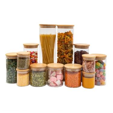 Imagem de Tud - Kit 13 Potes de Vidro com Tampa de Bambu Herméticos Redondos