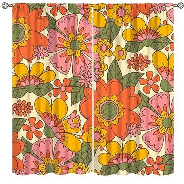 Imagem de SXXLDNG Cortinas florais retrô dos anos 70 hippie primavera Groovy Flower Power Flower Estampa Boho Adequado para casa, quarto, cortinas de janela, decoração abstrata, estética abstrata, decoração 106