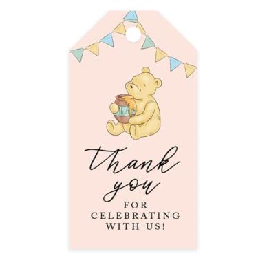 Imagem de Andaz Press Decorações clássicas de chá de bebê Ursinho Pooh, 5 x 9 cm rosa Thank You for Celebrating With Us Etiquetas com cordão, etiquetas de chá de bebê para lembrancinhas, presentes, decorações