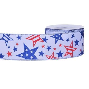 Imagem de YAMA Fita patriótica com fio 1 rolo 10 jardas, 6,3 cm vermelho, branco e azul, estrelas do Dia da Independência para embrulho de presente laços de guirlanda artesanato DIY
