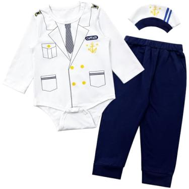 Imagem de Pezhiqun Conjunto de fantasia para bebês, meninos, meninas, festa de Halloween, capitão, cosplay, cruzeiro náutico, roupa de recém-nascido para bebê, body, calça e chapéu, manga comprida, branco, 6 a
