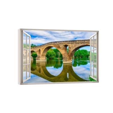 Imagem de Impressão lona paisagem janela falsa-Imagem arte parede natureza-Lago ponte pedra-Pintura moderna para banheiro decoração 50x70cm20x27in Tela Embrulhada