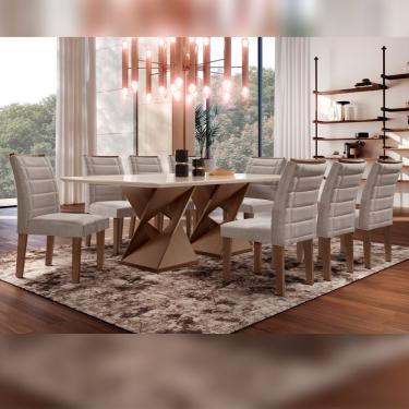 Imagem de Conjunto Sala De Jantar Genova Tampo Vidro/Mdf Com 8 Cadeiras Genova Smart Plus Cel Móveis Cinamomo/Off White/Marrom