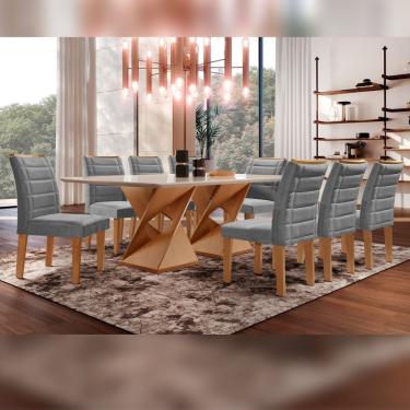 Imagem de Conjunto Sala De Jantar Genova Tampo Vidro/Mdf Com 8 Cadeiras Genova Smart Plus Cel Móveis Cinamomo/Off White/Cinza