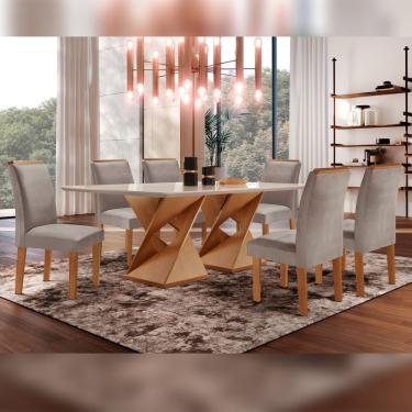 Imagem de Conjunto Sala De Jantar Genova Tampo Vidro/Mdf Com 6 Cadeiras Luísa Smart Plus Cel Móveis Cinamomo/Off White/Marrom