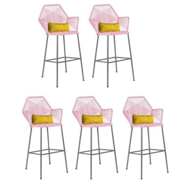 Imagem de Kit 05 Banqueta Alta Com Encosto Sttar Balcão Ferro Prata Fibra Rosa Bebê Almofada Suede Amarelo