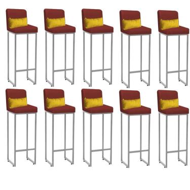Imagem de Kit 10 Banqueta Alta Com Encosto Balcão Ferro Cinza Sintético Vermelho E Almofada Amarelo