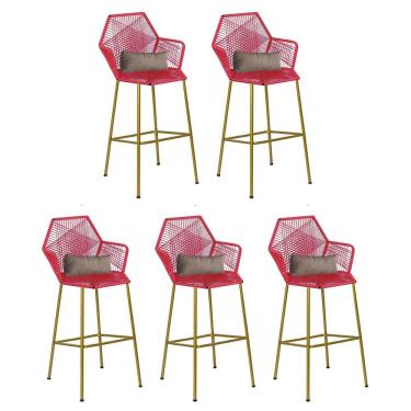 Imagem de Kit 05 Banqueta Alta Com Encosto Sttar Balcão Ferro Dourado Fibra Vermelho Almofada Sintético Bege