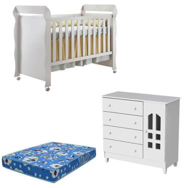 Imagem de Kit Berço Americano Mirelle e Cômoda Infantil Selena em MDF com Colchão Branco Brilho para Bebê