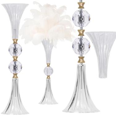 Imagem de VIJIV Vaso de trompete de acrílico de cristal para centros de mesa de casamento e decoração de casa - suporte de flores transparente de 55 cm com textura canelada, detalhes dourados, vaso de mesa/chão