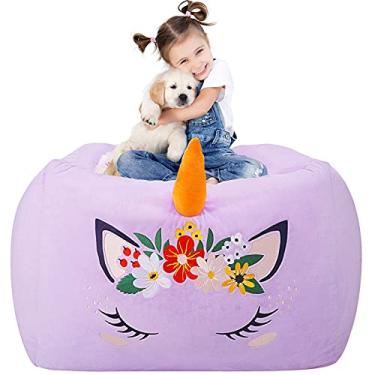 Imagem de Aubliss Pufe De Pelúcia Com Armazenamento Unicórnio Para Crianças, Capa Veludo Extramacia, Brinquedos Organizadores Zíper Extragrandes, Decoração Quarto Meninas, Floral Roxo