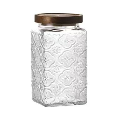 Imagem de ANSQU Pote De Vidro Vintage Para Armazenamento, Recipiente Com Tampa Hermética Madeira Balcão Cozinha, Despensa, Potes Café, Chá, Açúcar E Biscoitos (Begônia Quadrada)