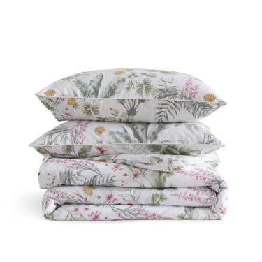 Imagem de Puralens Capa de edredom de percal floral rosa tropical, Queen Green Palm Leaf Conjunto de capa de edredom com zíper reversível com gravatas, margarida amarela 100% algodão, roupa de cama macia chique