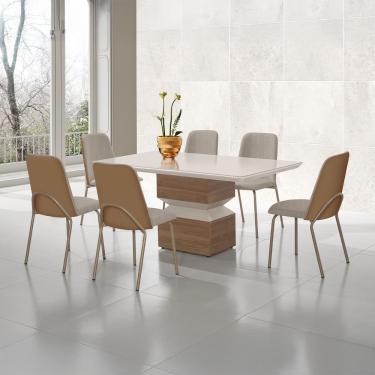 Imagem de Mesa de Jantar Retangular Aço Nobre Aurora com 6 Cadeiras Estofadas – Champagne/Areia