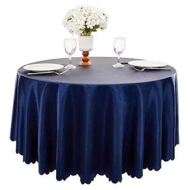 Imagem de Counfeisly 1 pacote com 108 polegadas toalha de mesa redonda azul marinho, toalha de mesa de cetim sedoso, sobreposição de tecido liso, decoração de mesa para festas de casamento e eventos de banquete
