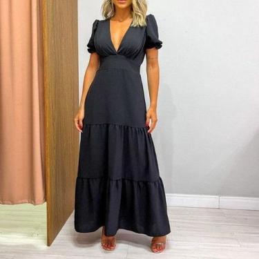 Imagem de Vestido feminino longo decote V saia dois babados manga bufante - Filó