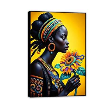 Imagem de Retrato de Mulher Negra Abstrato Colorido Girassol Impressão Arte de Parede Preto e Dourado Emoldurado Imagem de Menina Decoração de Escritório em Casa Quarto 60 x 40 cm (24 x 16 pol) Moldura Preta
