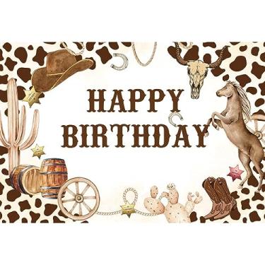 Imagem de Laeacco Pano de fundo de aniversário de caubói ocidental de 3 x 2,4 m - Fundo de fotografia de cavalo de bota de rodeio do oeste selvagem para chá de bebê, decoração de mesa de bolo de festa para