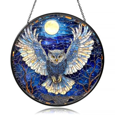 Imagem de Apanhador solar de coruja – Decoração de janela de vitral iluminada pela lua para amantes da natureza, presente de pássaro noturno caprichoso para entusiastas de coruja, apanhadores de sol, janela
