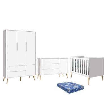 Imagem de Dormitório Infantil Theo Retrô 3 Portas, Cômoda 1 Porta, Berço com Pés Madeira Natural e Colchão - Reller Móveis Branco Fosco