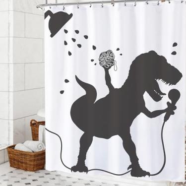 Imagem de Opeoddie Cortina de chuveiro engraçada dinossauro conjunto de cortinas de chuveiro infantil desenho animado dinossauro raptor silhueta meninos decoração de banheiro divertido preto branco sombra